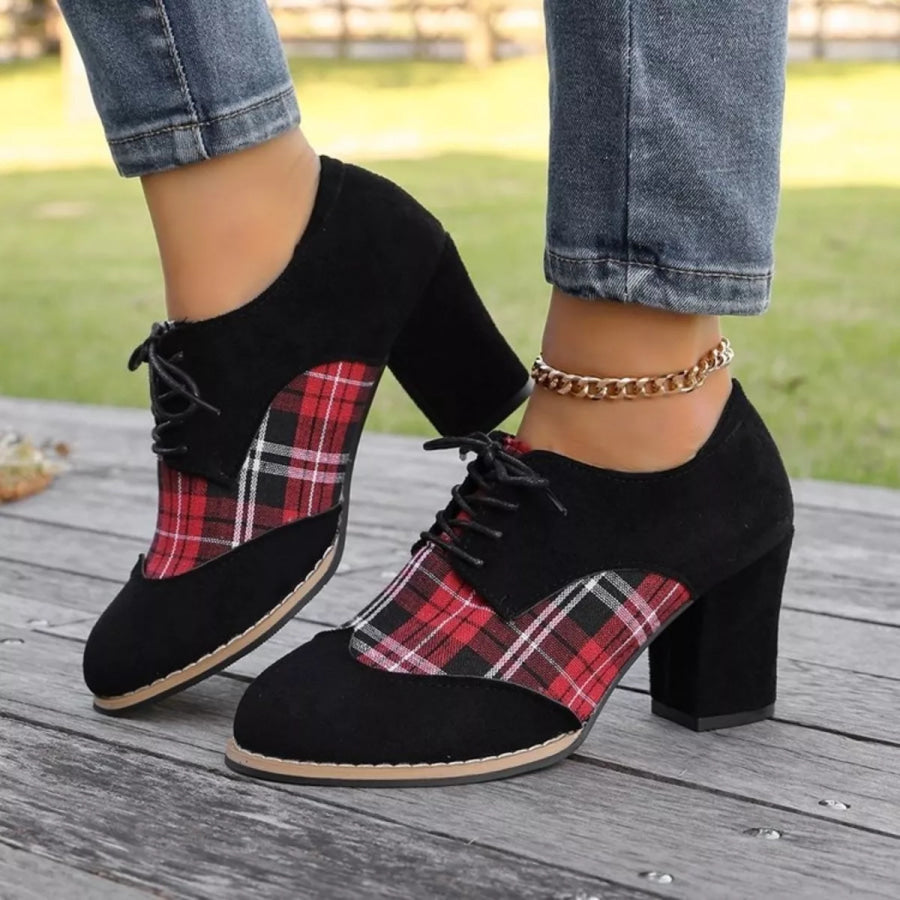 Plaid Lace Up Block Heels Boots Black / 36 Apparel and Accessories