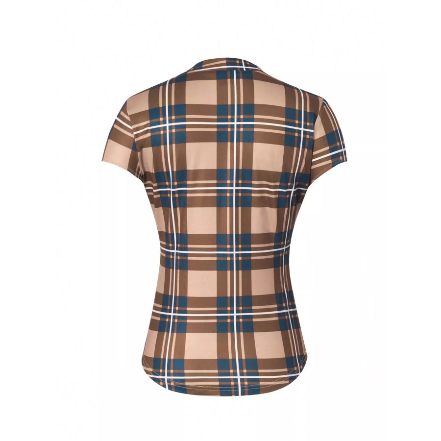 Plaid Lace-Up Short Sleeve Blouse Apparel and Accessories