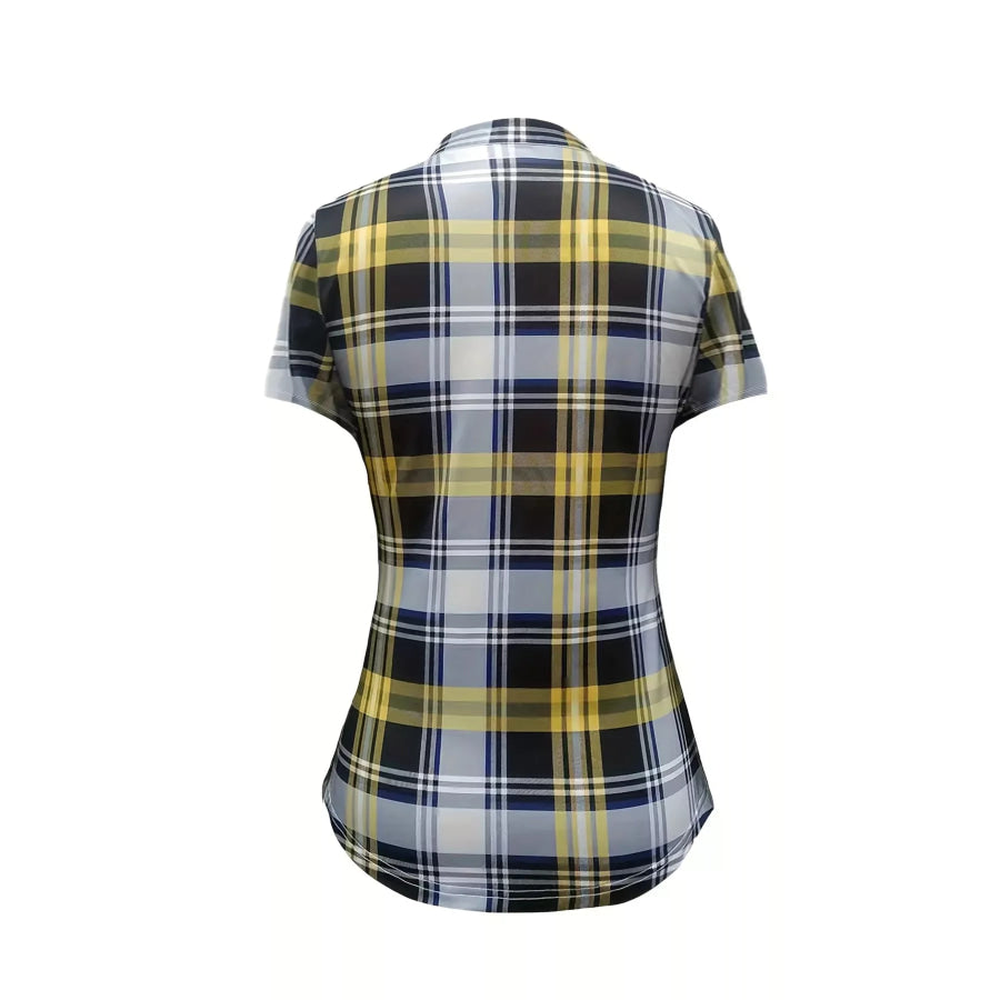 Plaid Lace-Up Short Sleeve Blouse Apparel and Accessories