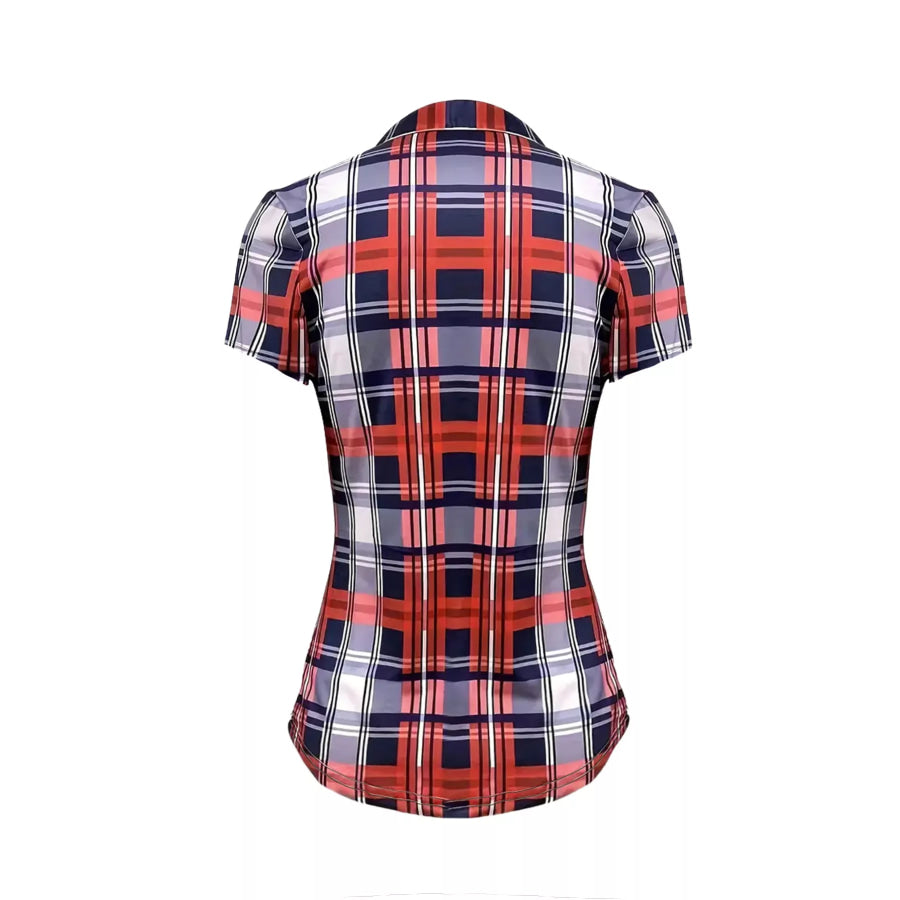Plaid Lace-Up Short Sleeve Blouse Apparel and Accessories