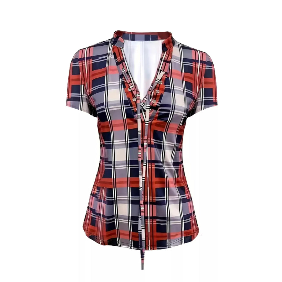 Plaid Lace-Up Short Sleeve Blouse Apparel and Accessories