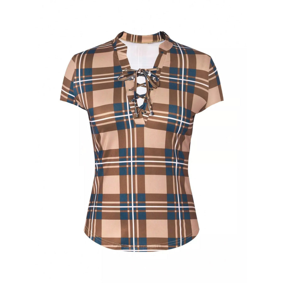 Plaid Lace-Up Short Sleeve Blouse Apparel and Accessories