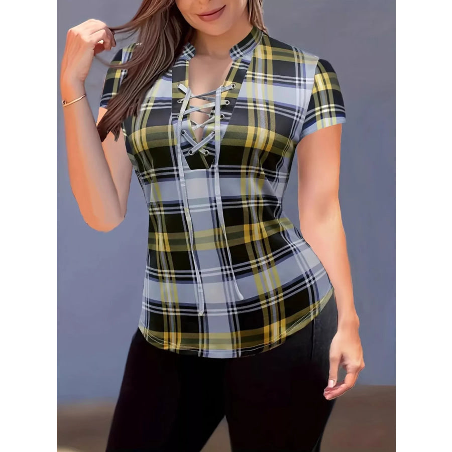 Plaid Lace-Up Short Sleeve Blouse Yellow And Black / S Apparel and Accessories