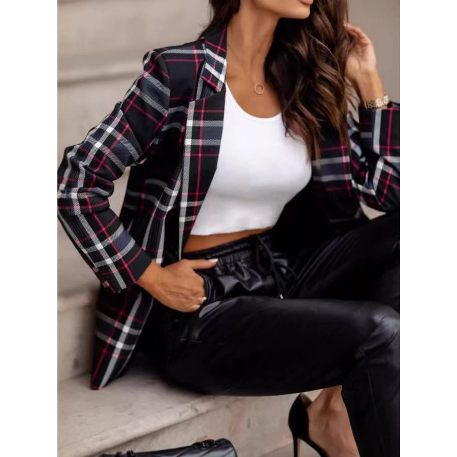 Plaid Lapel Collar Blazer Black / S Apparel and Accessories