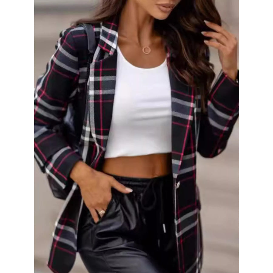 Plaid Lapel Collar Blazer Black / S Apparel and Accessories