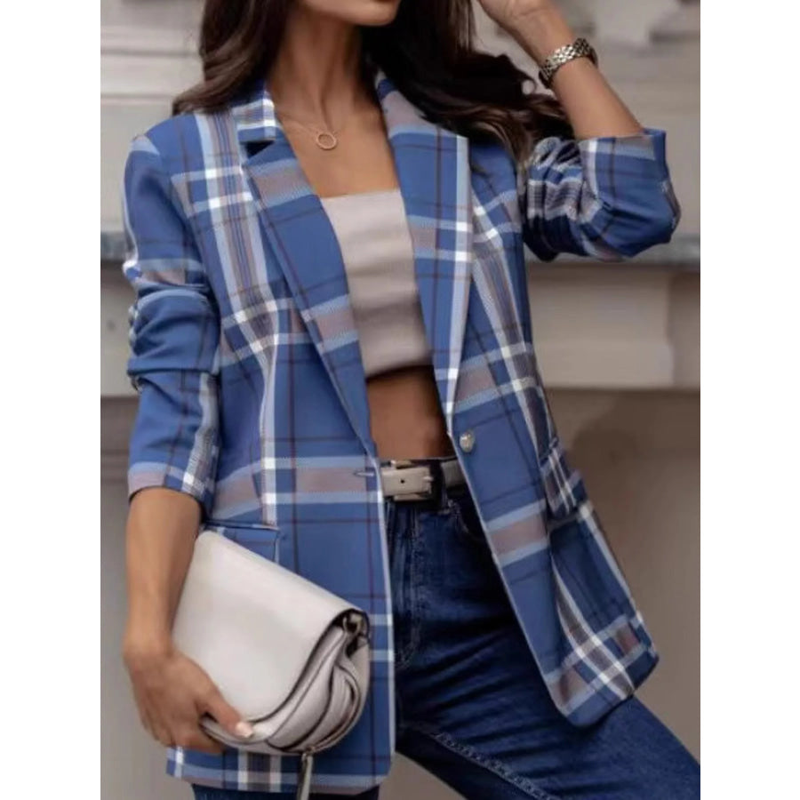 Plaid Lapel Collar Blazer Blue / S Apparel and Accessories