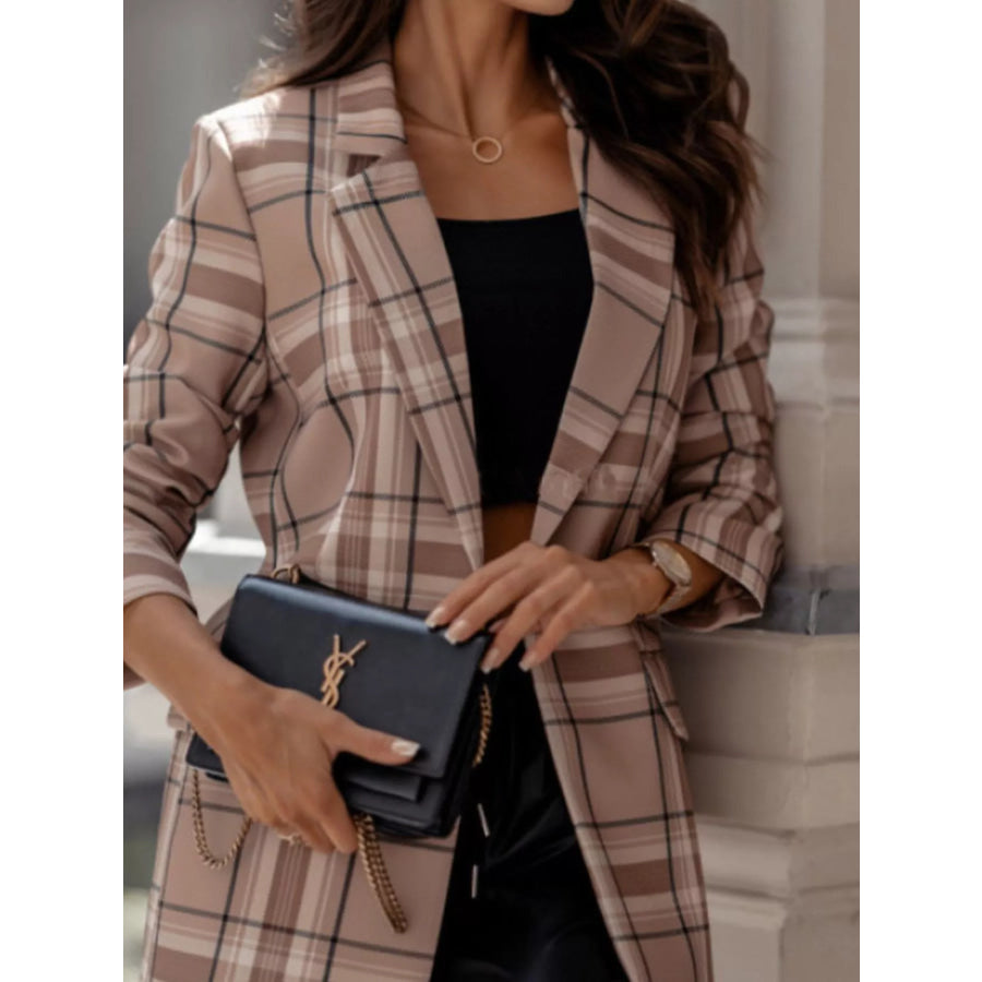 Plaid Lapel Collar Blazer Camel / S Apparel and Accessories