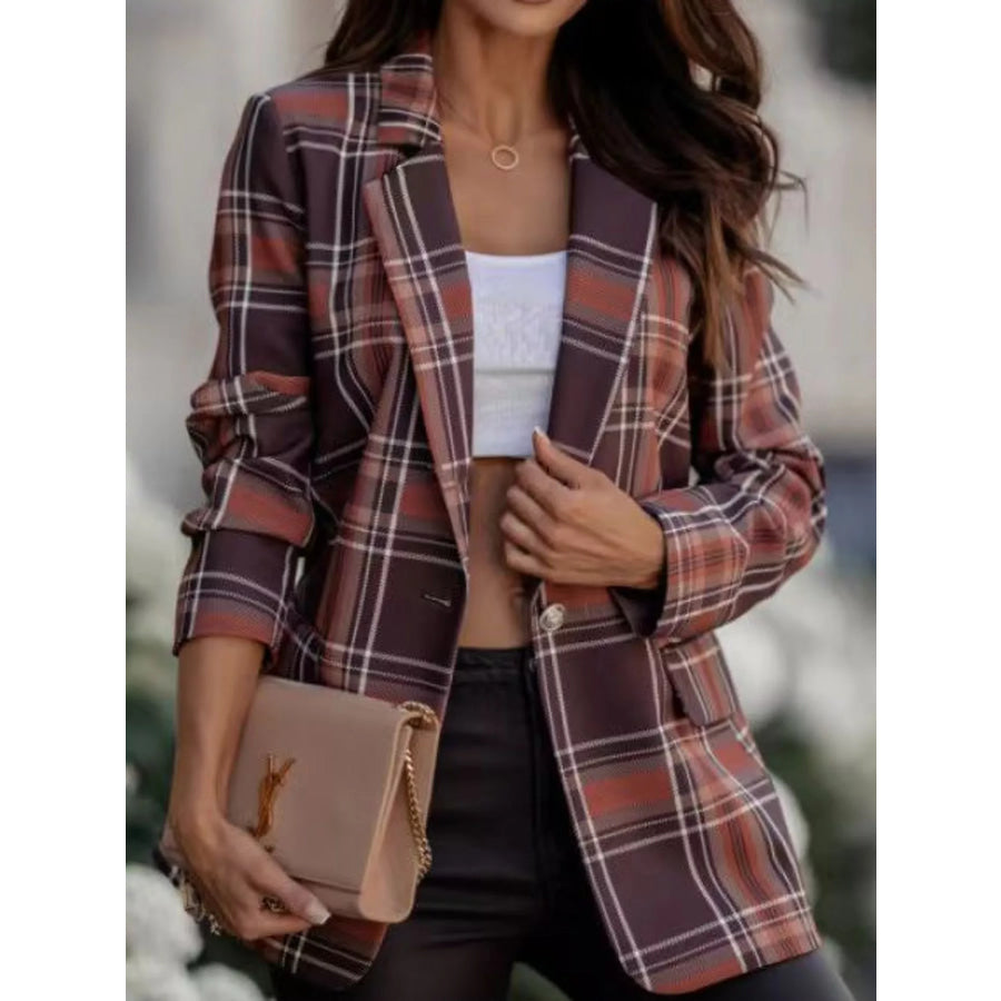 Plaid Lapel Collar Blazer Dark Brown / S Apparel and Accessories