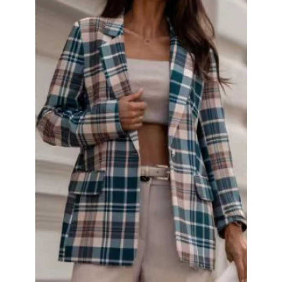 Plaid Lapel Collar Blazer Green / S Apparel and Accessories