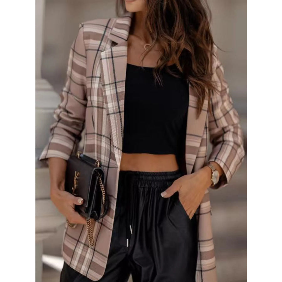 Plaid Lapel Collar Blazer Khaki / S Apparel and Accessories
