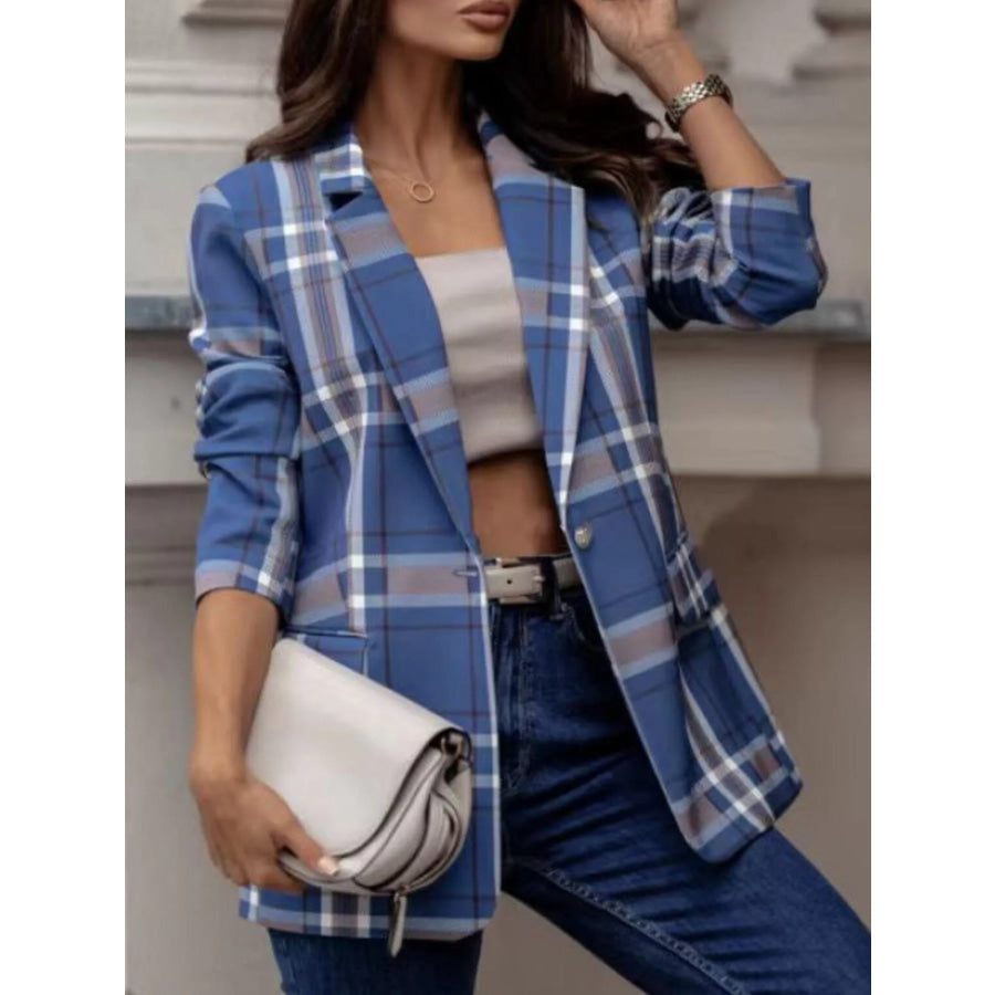 Plaid Lapel Collar Blazer Sky Blue / S Apparel and Accessories