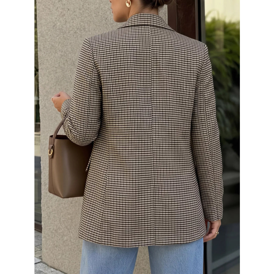 Plaid Lapel Collar Double-Breasted Blazer Apparel and Accessories