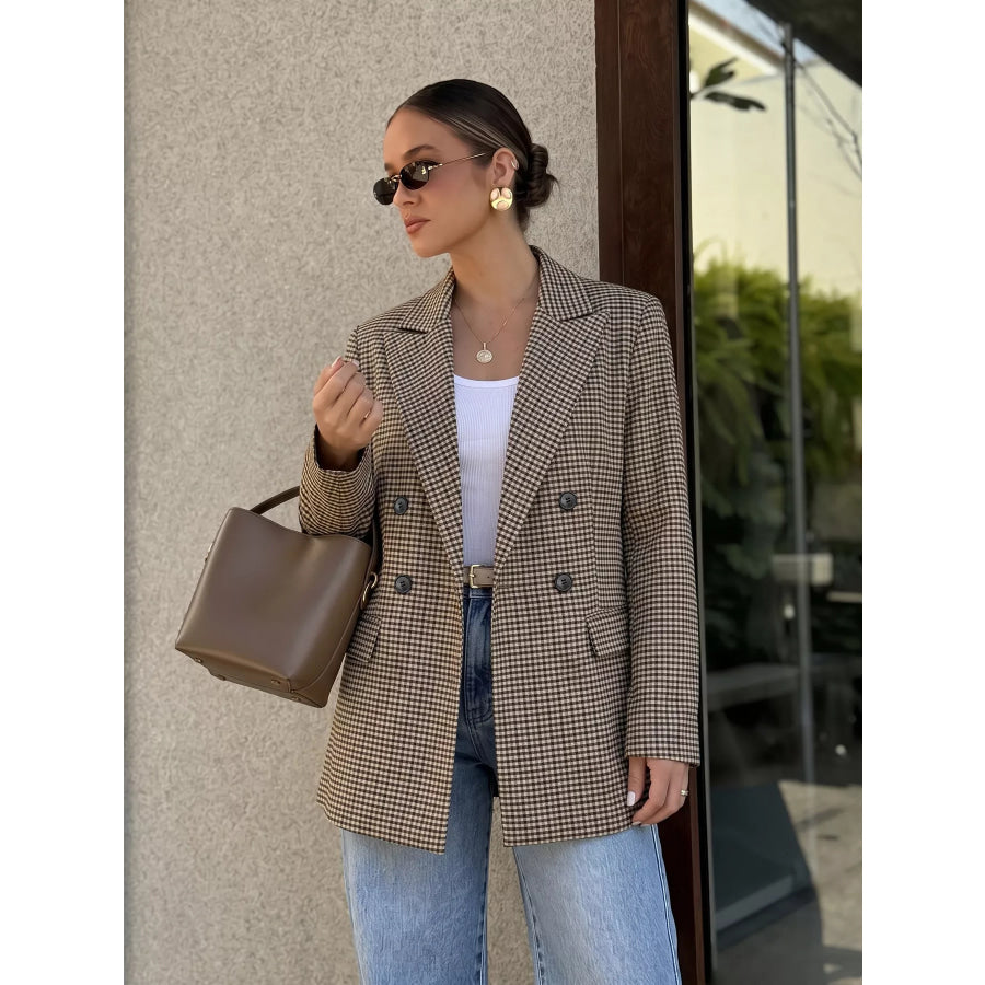 Plaid Lapel Collar Double-Breasted Blazer Apparel and Accessories