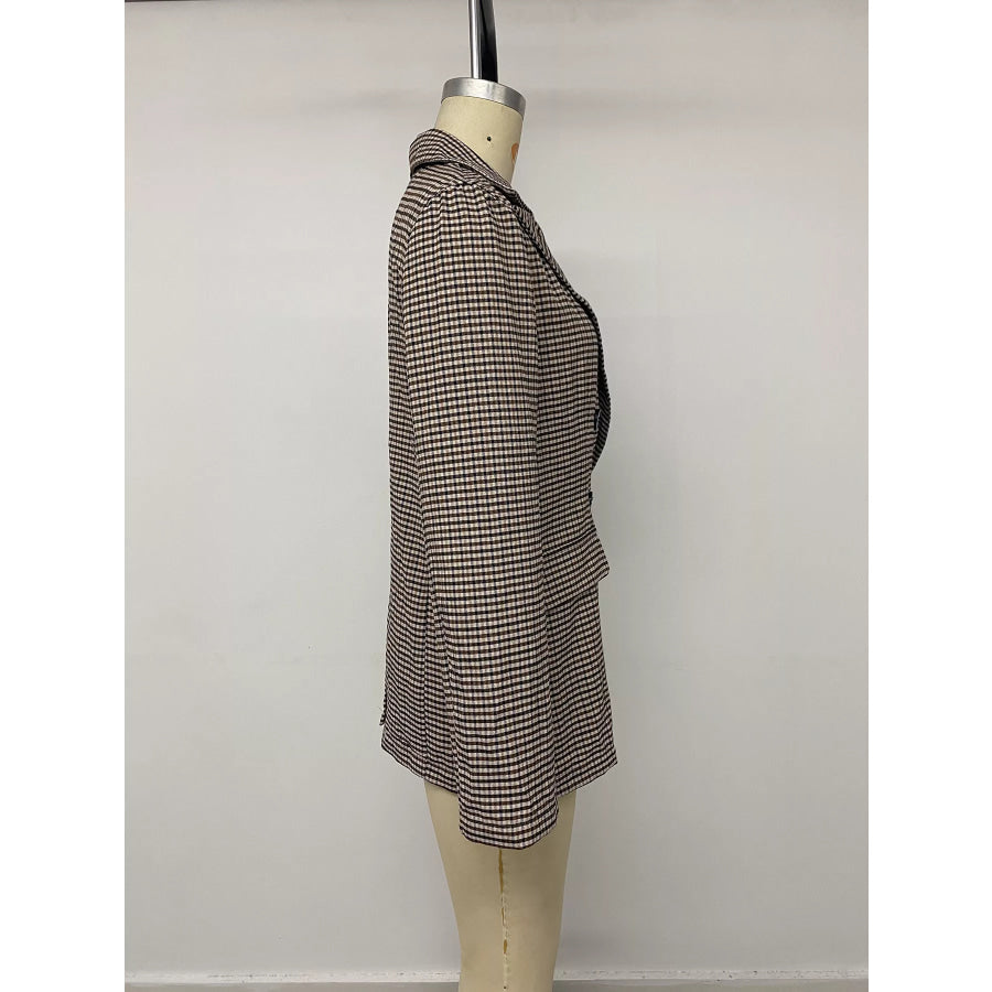 Plaid Lapel Collar Double-Breasted Blazer Apparel and Accessories