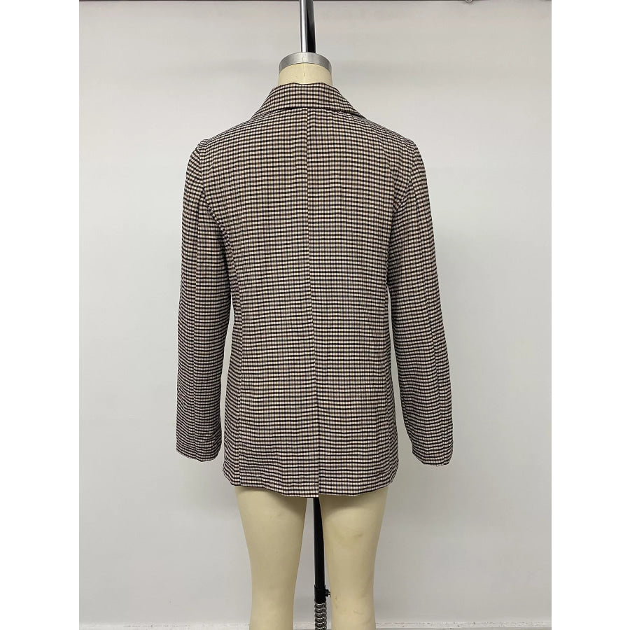 Plaid Lapel Collar Double-Breasted Blazer Apparel and Accessories