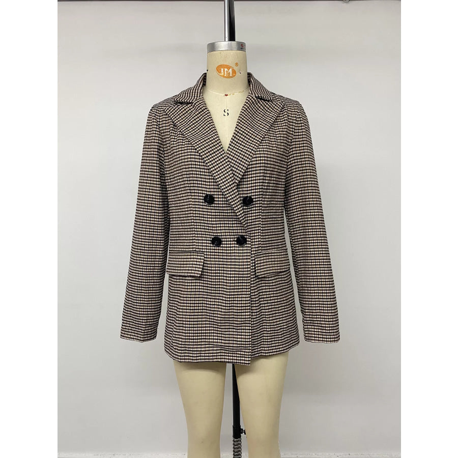 Plaid Lapel Collar Double-Breasted Blazer Apparel and Accessories