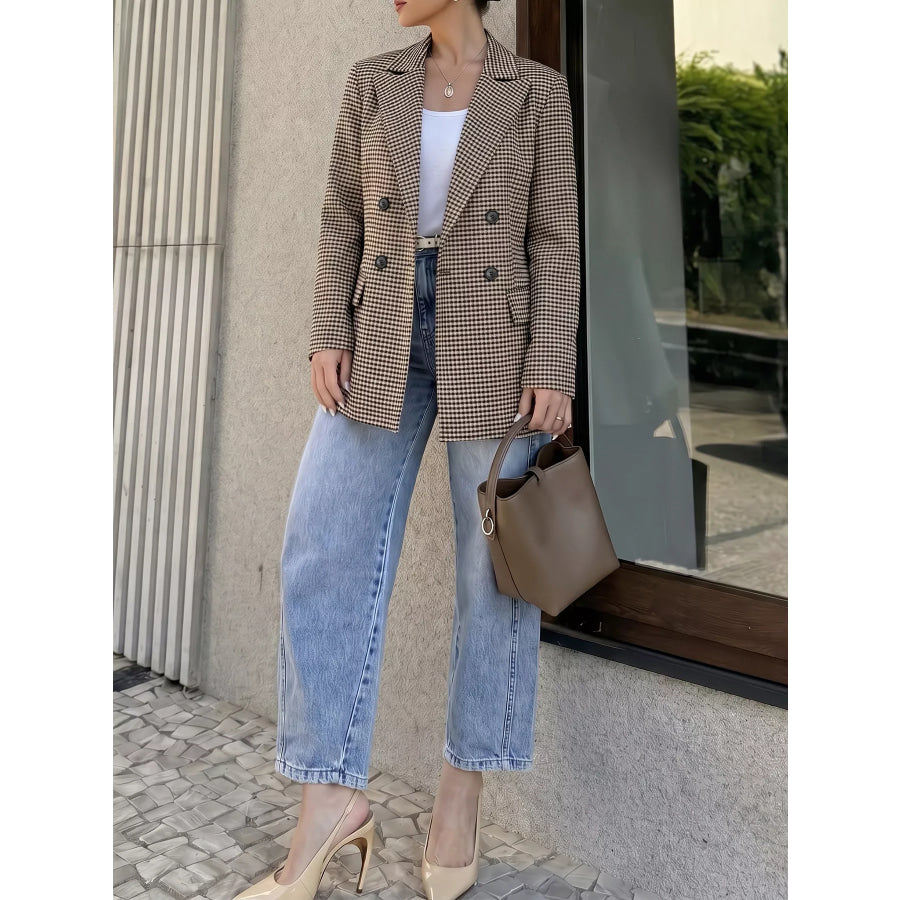 Plaid Lapel Collar Double-Breasted Blazer Apparel and Accessories