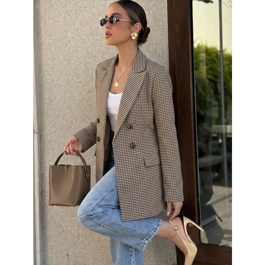 Plaid Lapel Collar Double-Breasted Blazer Apparel and Accessories