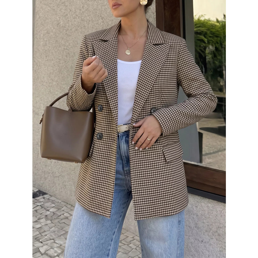 Plaid Lapel Collar Double-Breasted Blazer Coffee Brown / S Apparel and Accessories