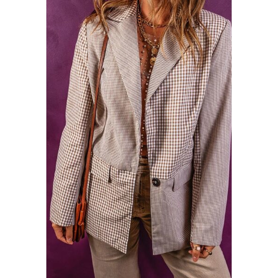 Plaid Lapel Collar Pocketed Long Sleeve Blazer Clothing