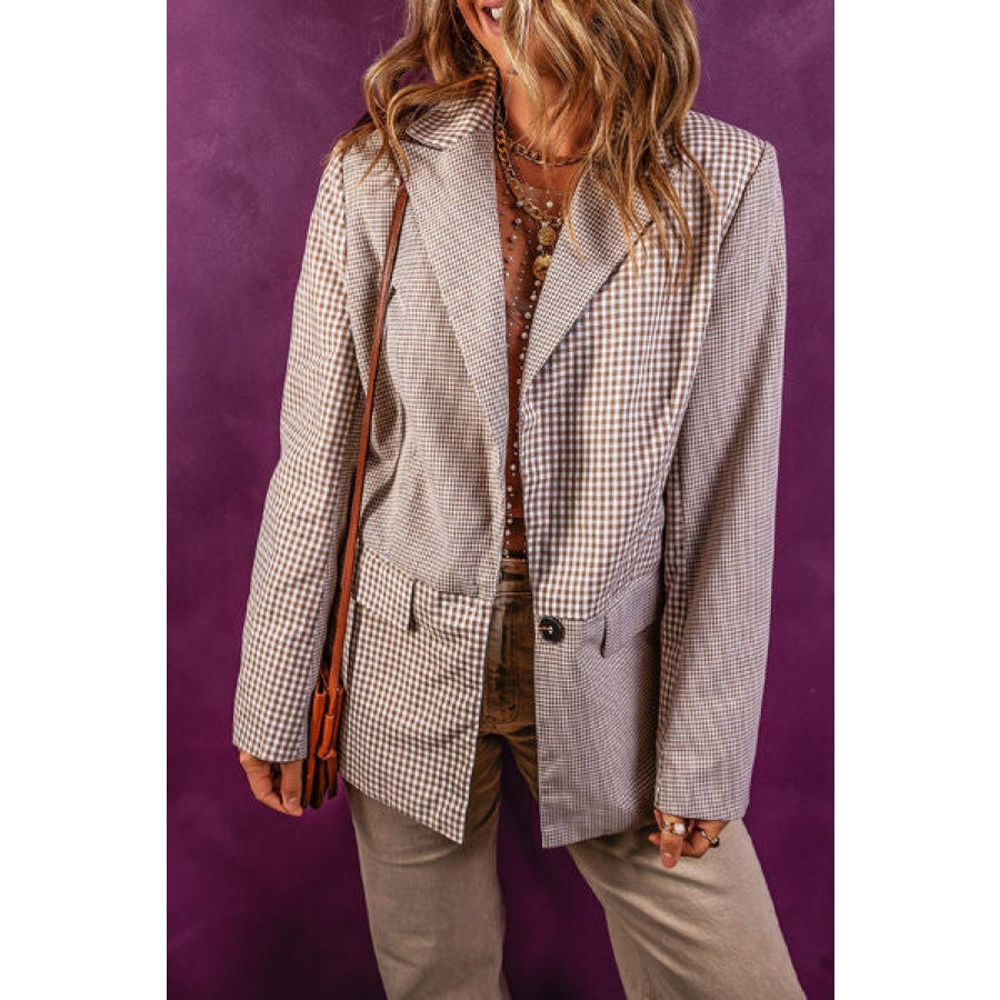 Plaid Lapel Collar Pocketed Long Sleeve Blazer Dust Storm / S Clothing