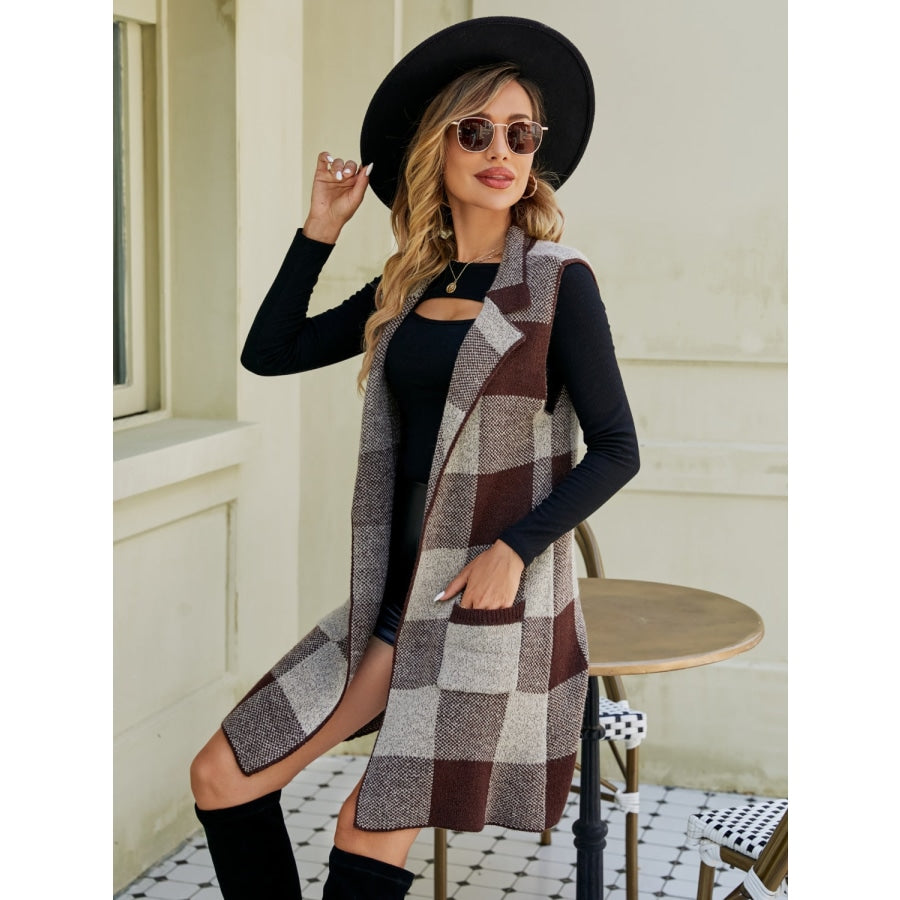 Plaid Lapel Collar Sleeveless Cardigan