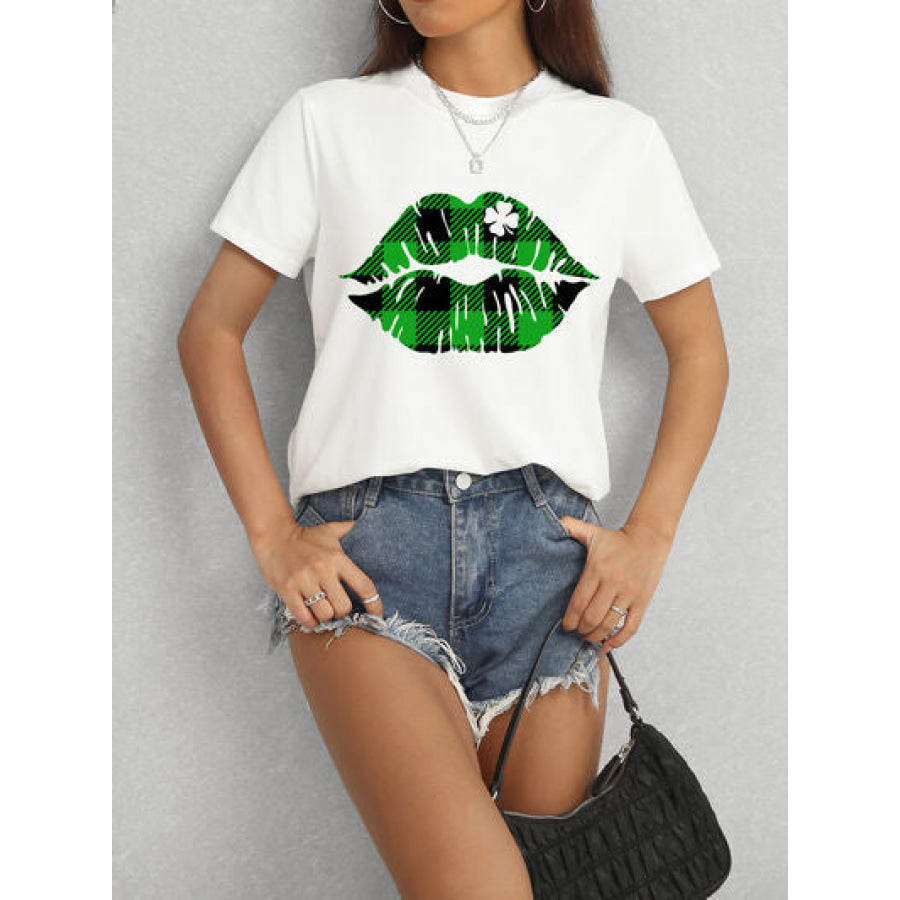 Plaid Lip Graphic Round Neck T - Shirt Apparel and Accessories