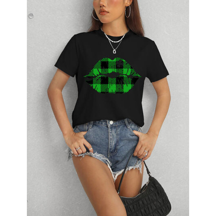 Plaid Lip Graphic Round Neck T - Shirt Apparel and Accessories