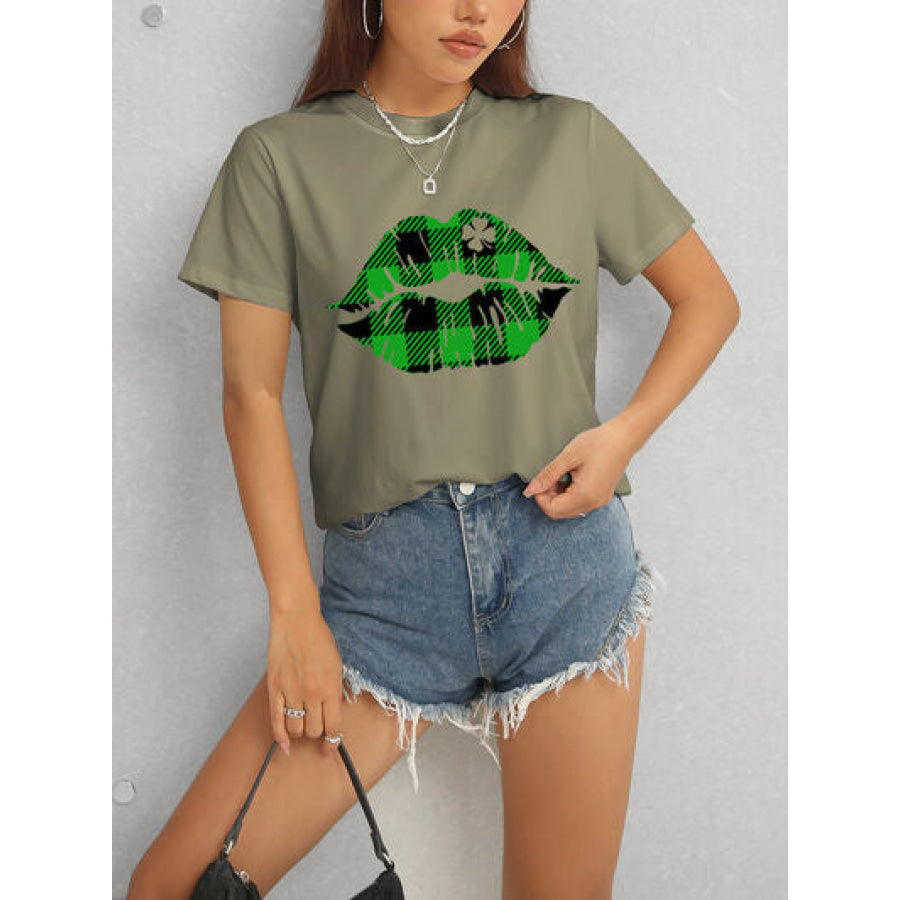 Plaid Lip Graphic Round Neck T - Shirt Apparel and Accessories