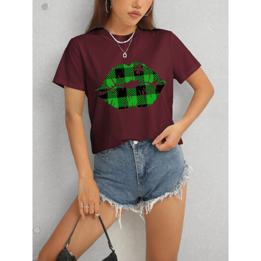 Plaid Lip Graphic Round Neck T - Shirt Apparel and Accessories