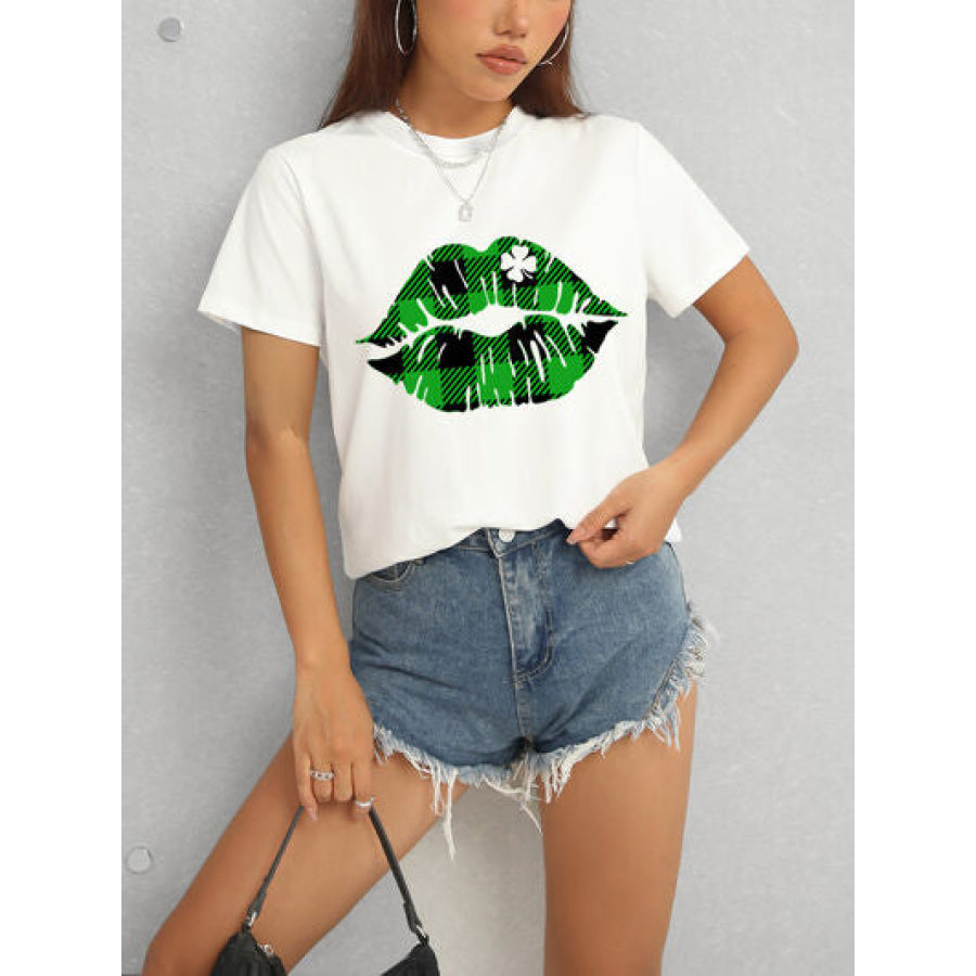 Plaid Lip Graphic Round Neck T - Shirt Apparel and Accessories