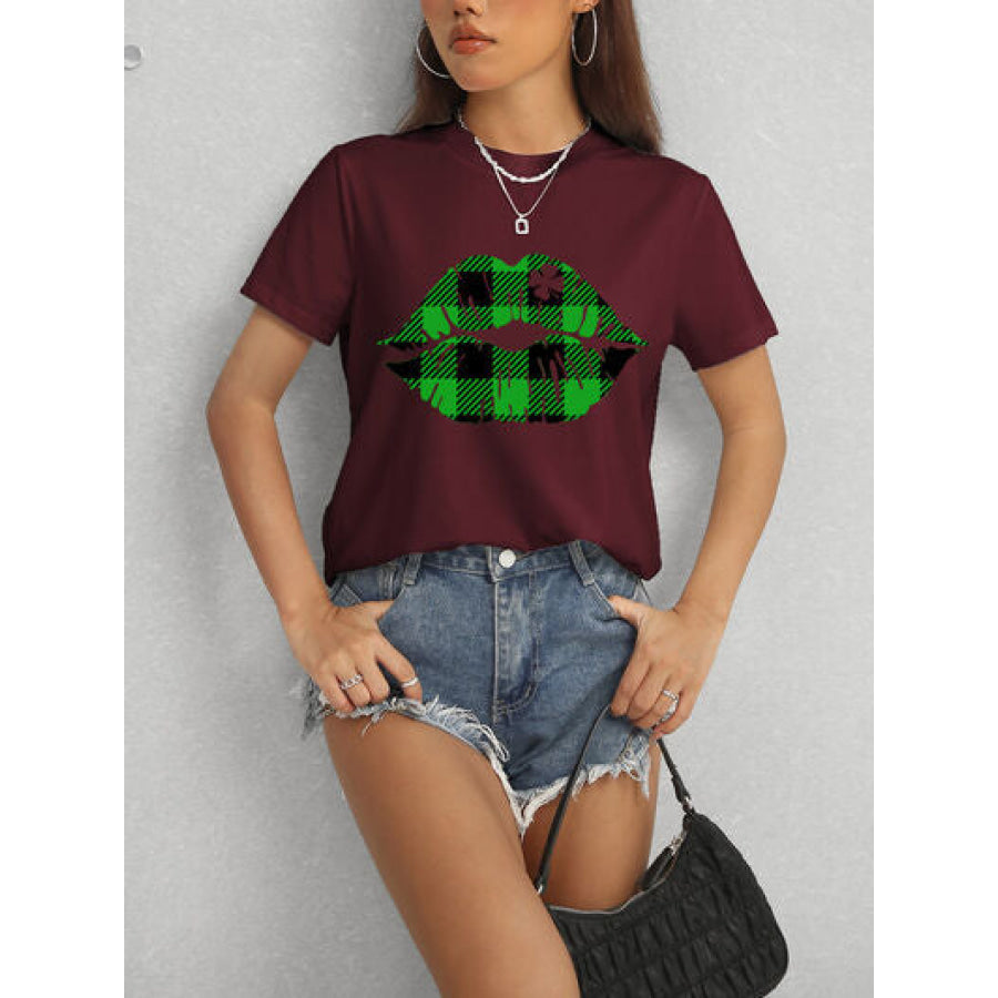 Plaid Lip Graphic Round Neck T - Shirt Apparel and Accessories