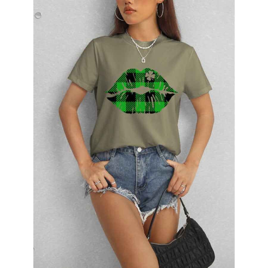 Plaid Lip Graphic Round Neck T - Shirt Apparel and Accessories