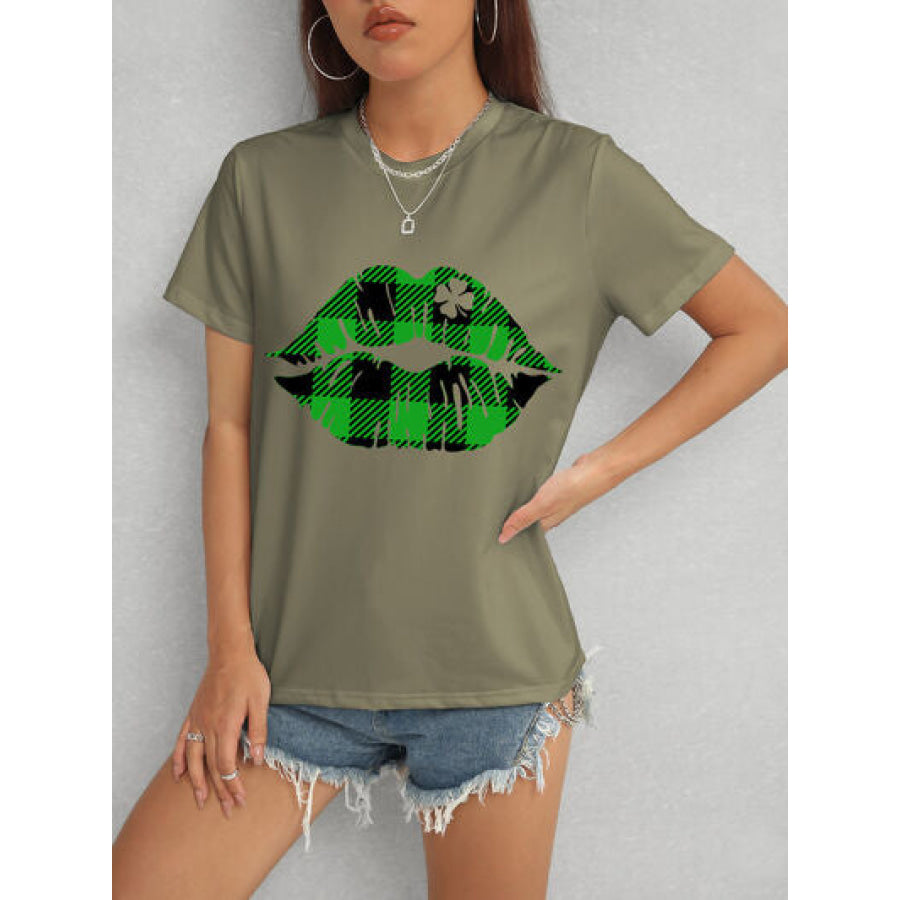 Plaid Lip Graphic Round Neck T - Shirt Army Green / S Apparel and Accessories