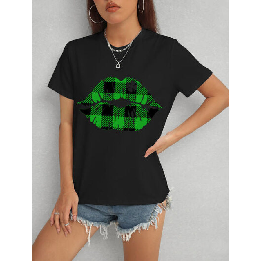 Plaid Lip Graphic Round Neck T - Shirt Black / S Apparel and Accessories