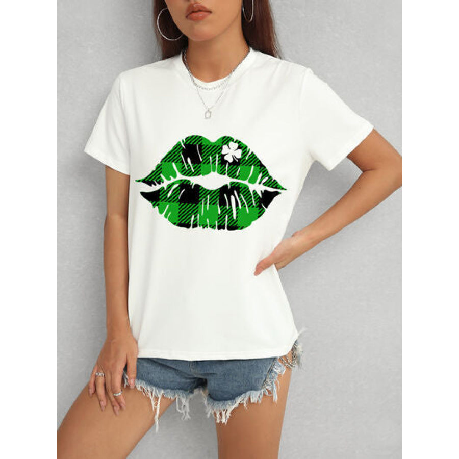 Plaid Lip Graphic Round Neck T - Shirt White / S Apparel and Accessories