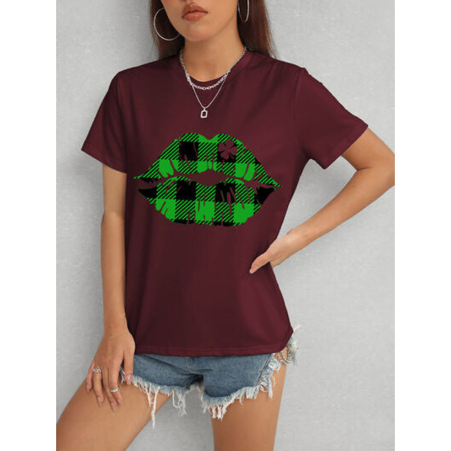 Plaid Lip Graphic Round Neck T - Shirt Wine / S Apparel and Accessories