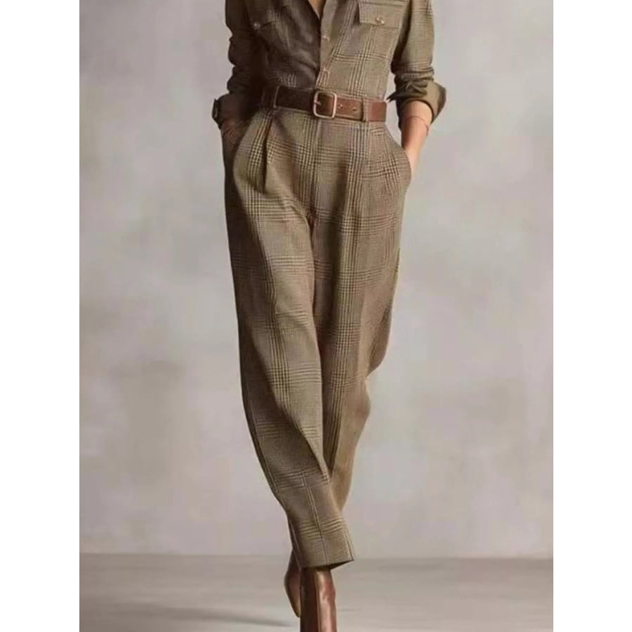 Plaid Long Sleeve Button Front Jumpsuit Apparel and Accessories