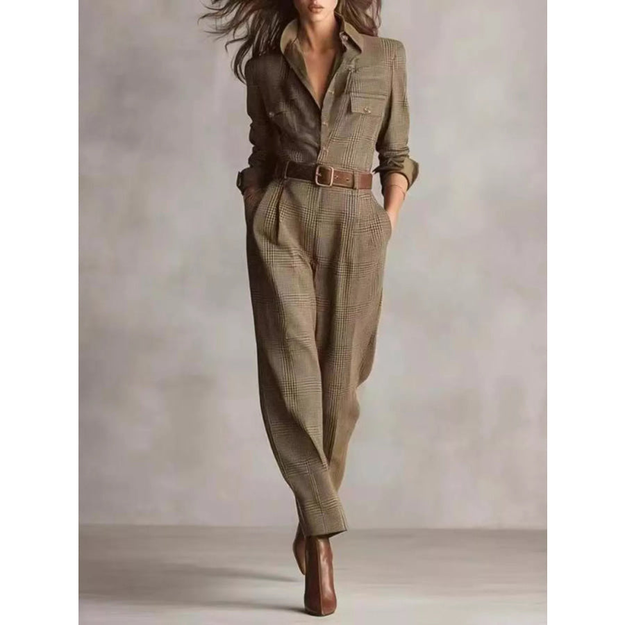 Plaid Long Sleeve Button Front Jumpsuit Apparel and Accessories