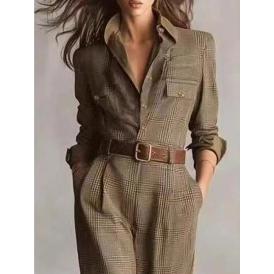 Plaid Long Sleeve Button Front Jumpsuit Mocha / XS Apparel and Accessories