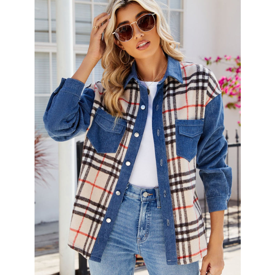 Plaid Long Sleeve Denim Jacket Apparel and Accessories