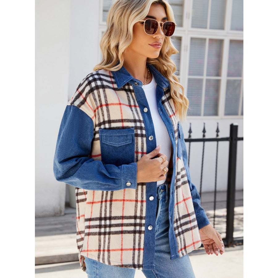 Plaid Long Sleeve Denim Jacket Apparel and Accessories