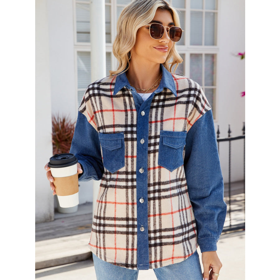 Plaid Long Sleeve Denim Jacket Apparel and Accessories