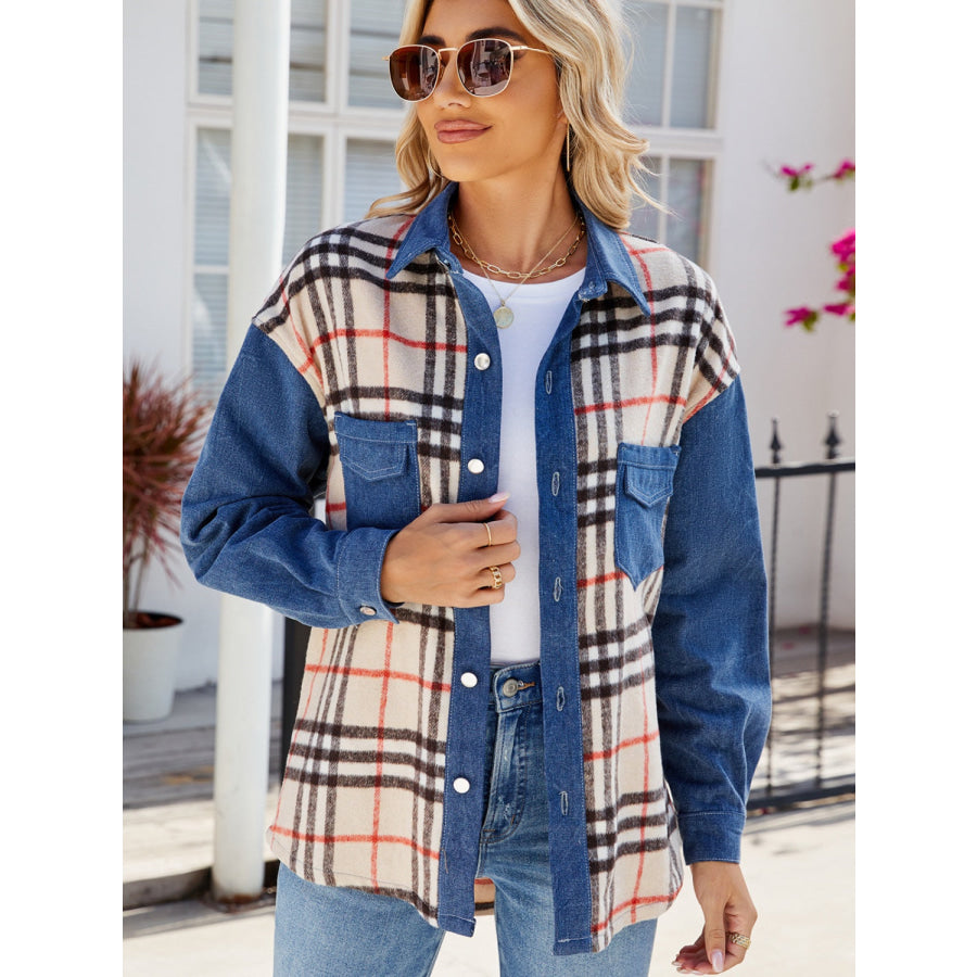 Plaid Long Sleeve Denim Jacket Dusty Blue / S Apparel and Accessories