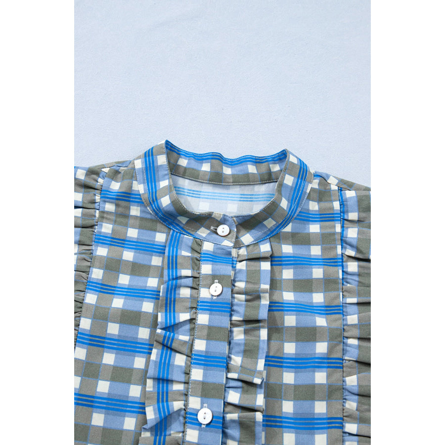 Plaid Long Sleeve Frilled Detail Half Button Blouse Apparel and Accessories