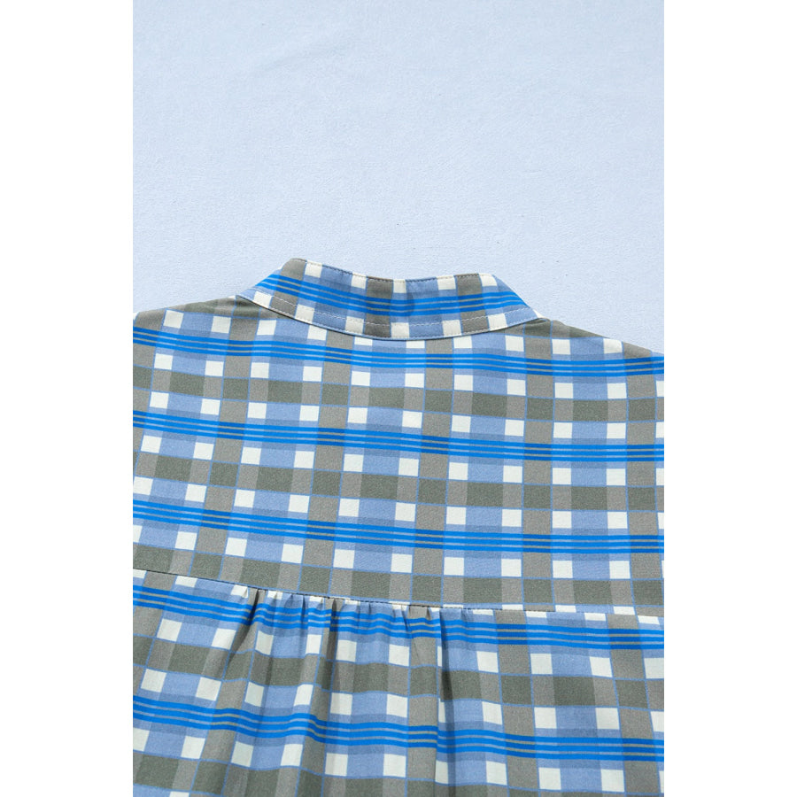 Plaid Long Sleeve Frilled Detail Half Button Blouse Apparel and Accessories