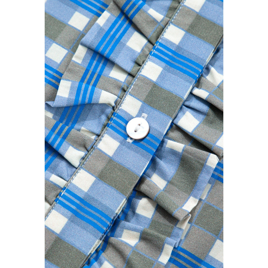 Plaid Long Sleeve Frilled Detail Half Button Blouse Apparel and Accessories