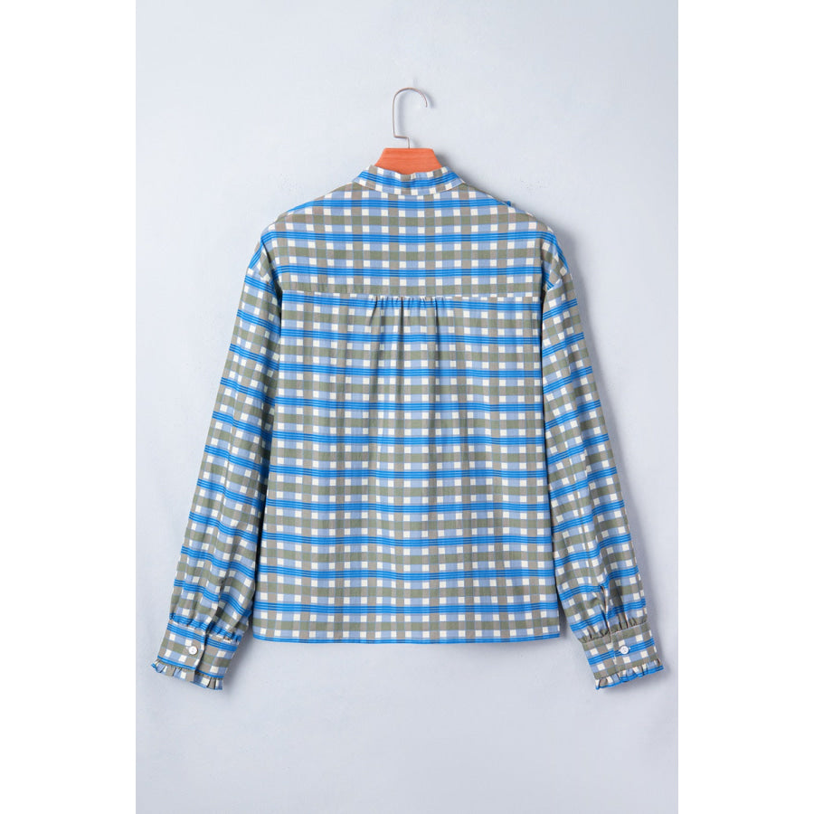 Plaid Long Sleeve Frilled Detail Half Button Blouse Apparel and Accessories