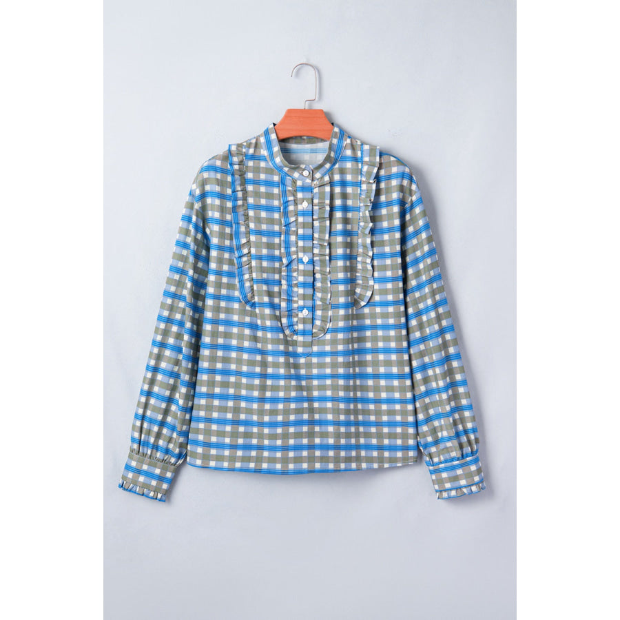 Plaid Long Sleeve Frilled Detail Half Button Blouse Apparel and Accessories