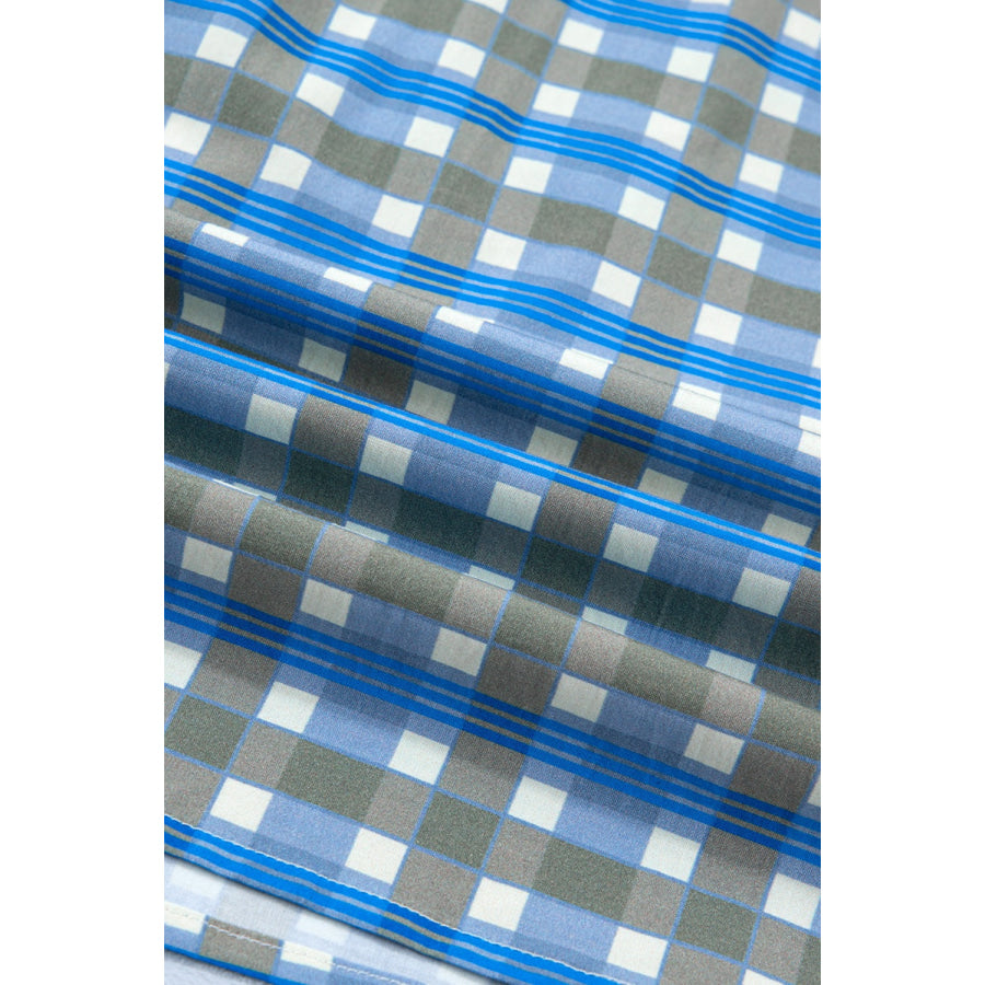 Plaid Long Sleeve Frilled Detail Half Button Blouse Apparel and Accessories